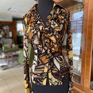 Cache semi-sheer stretch knit blouse with ruffles